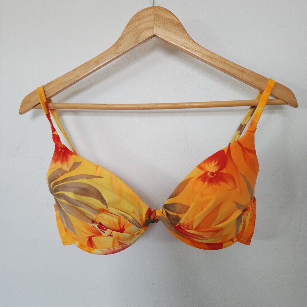 Liquid Blue Orange Bikini Top Underwire Large Y2K Yellow Orange Aloha